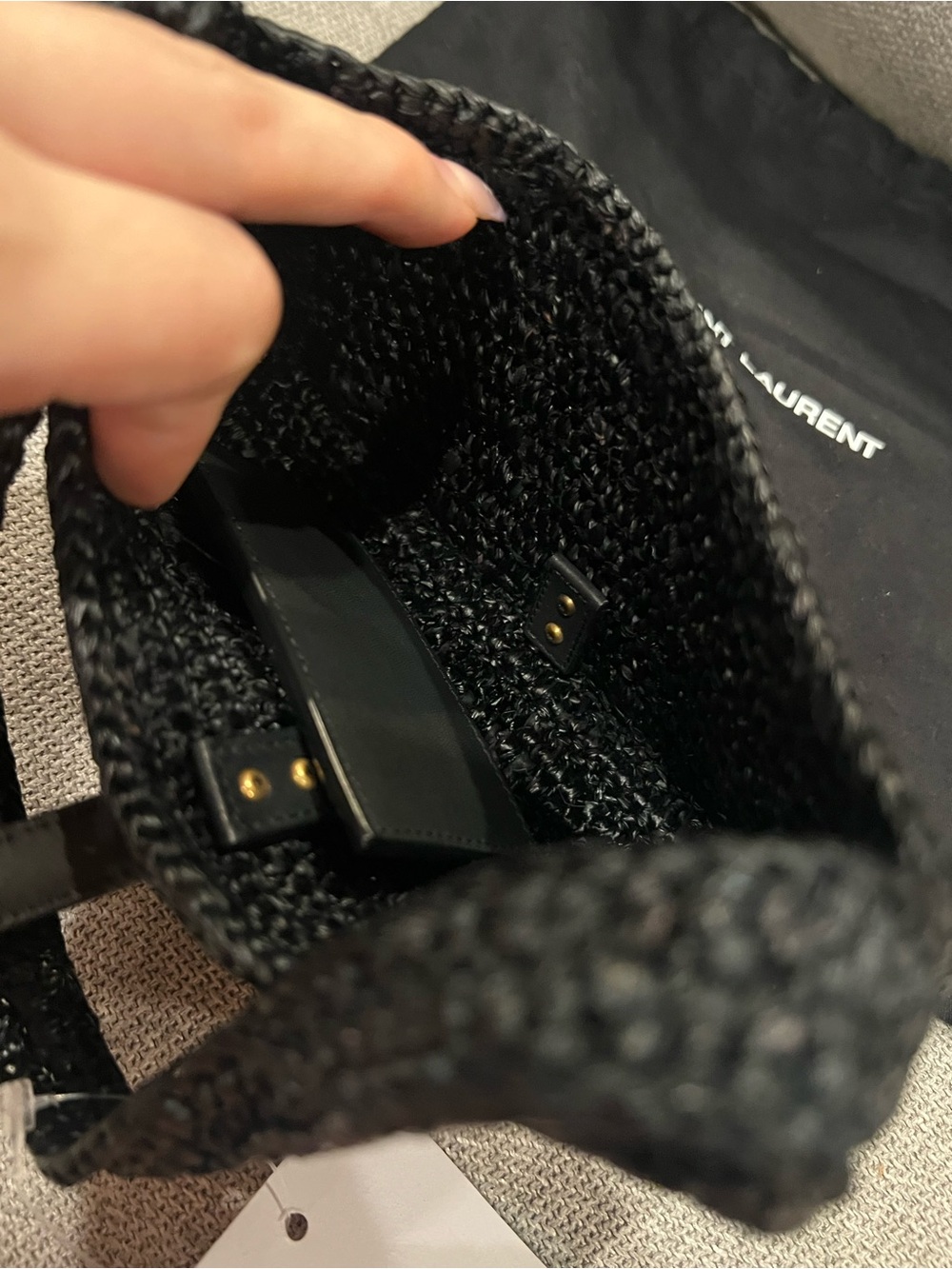 NEW SAINT LAURENT Women's Le 5 À 7 Leather - Black Trimmed Raffia Mini Hobo Bag - Picture 9 of 14